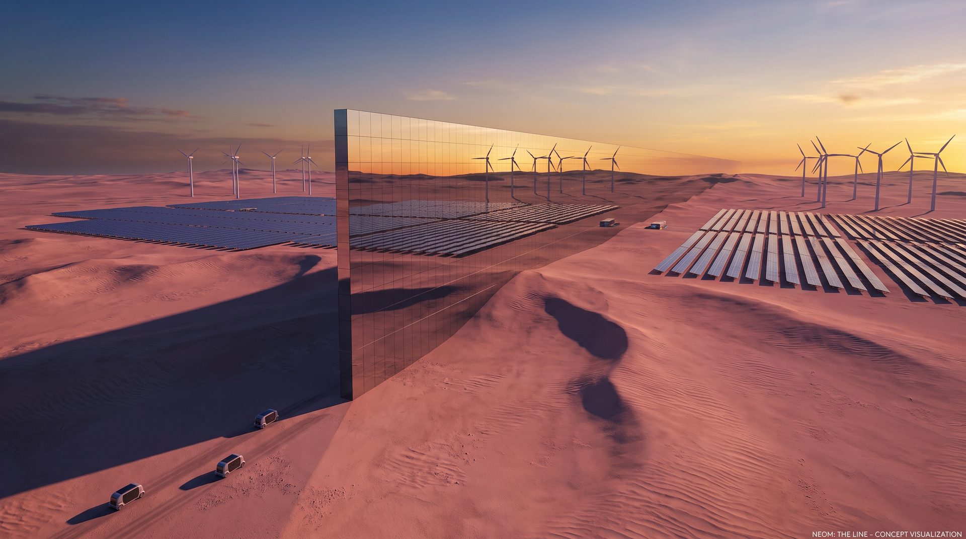 Concept rendering of NEOM The Line and surrounding solar farms.